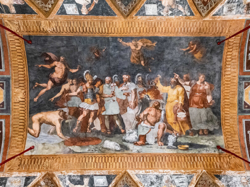 La splendide fresque ornant la salle du trône, représentant la scène d’invocation des morts du chant XI de L’Odyssée.